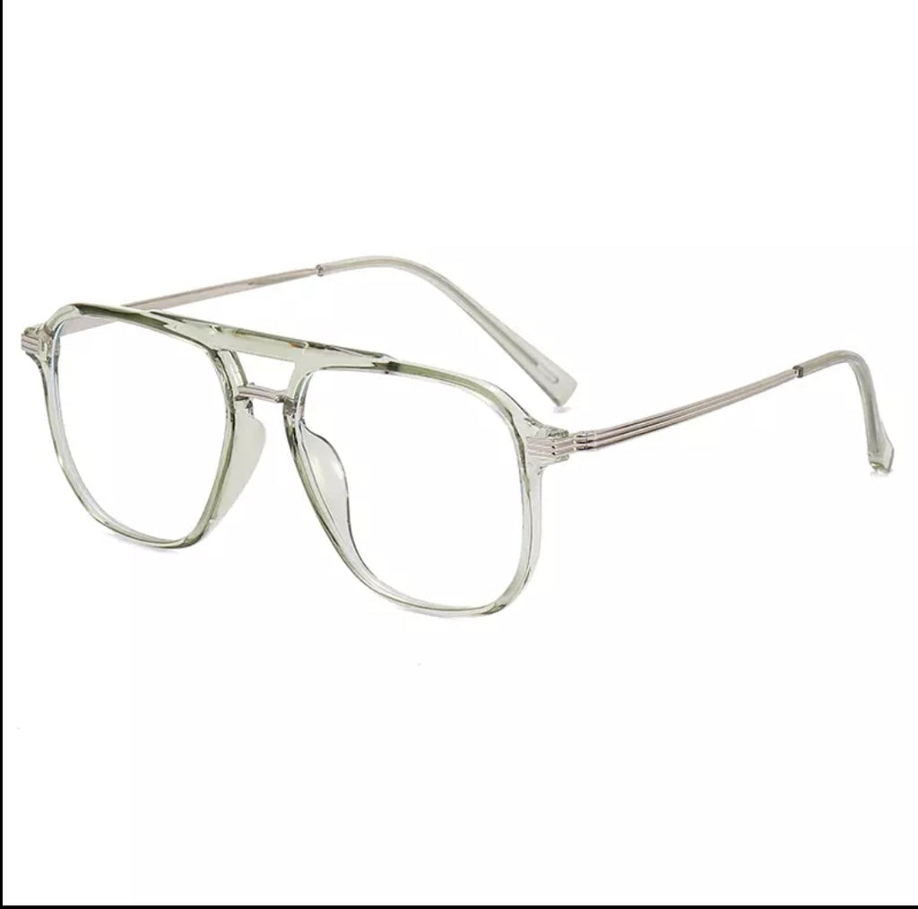 unisex Trendy Oversized Aviator Eyeglasses Frame with Non-Prescription Stone Clear Lens, Pewter